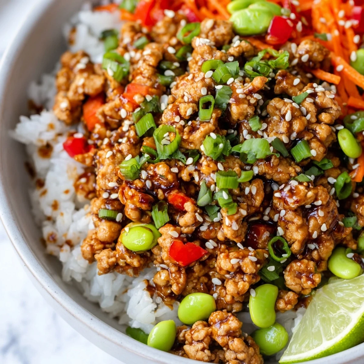 Steaming ground turkey rice bowls layered with seasoned meat, fluffy grains, and crunchy edamame