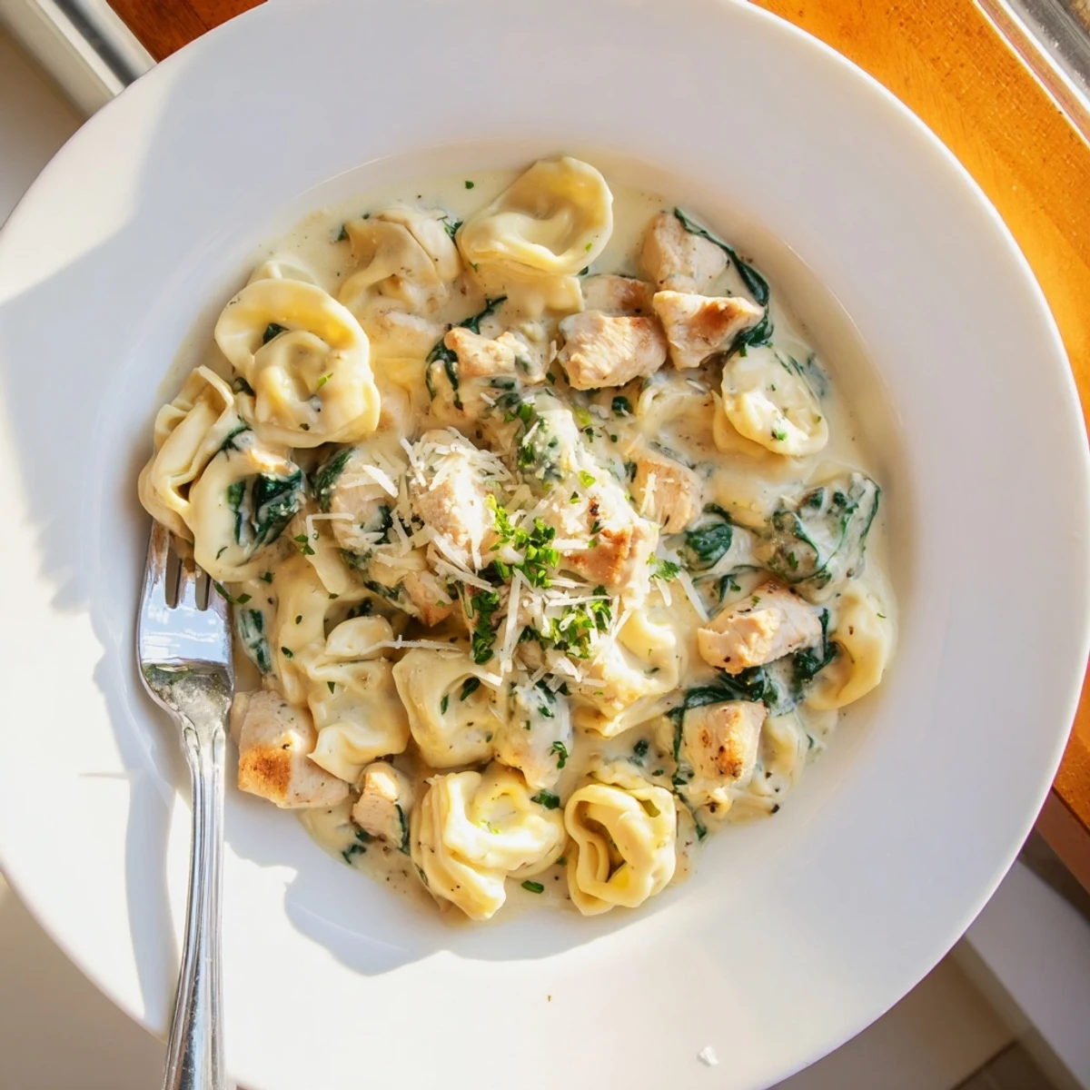 Creamy Garlic Chicken Tortellini with Spinach in a golden skillet with melted Parmesan