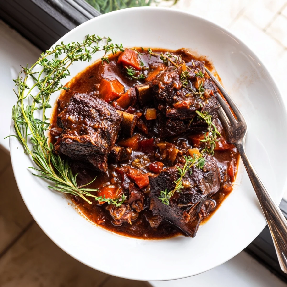 Fall-off-the-bone oven braised beef short ribs glistening with rich red wine sauce