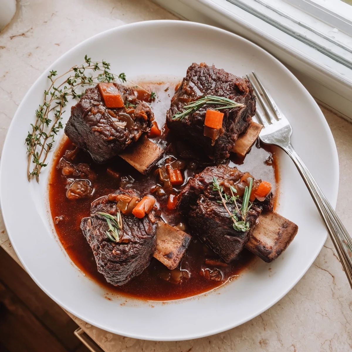 Tender oven braised beef short ribs nestled over creamy mashed potatoes with herb garnish