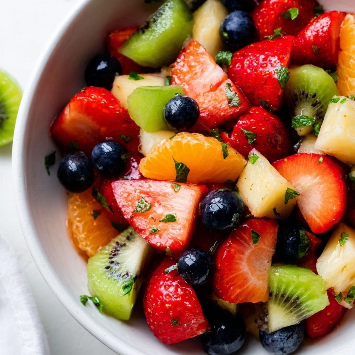 Colorful fruit bowl bursting with fresh strawberries, blueberries, and tropical pineapple chunks