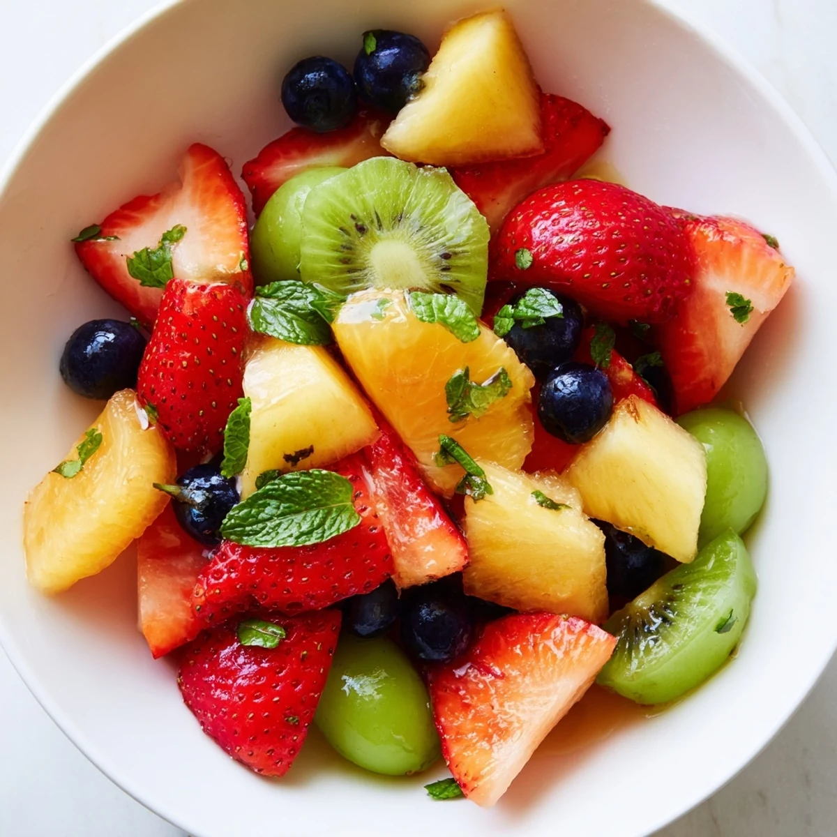 Refreshing fruit bowl drizzled with honey mint dressing in a rustic serving bowl