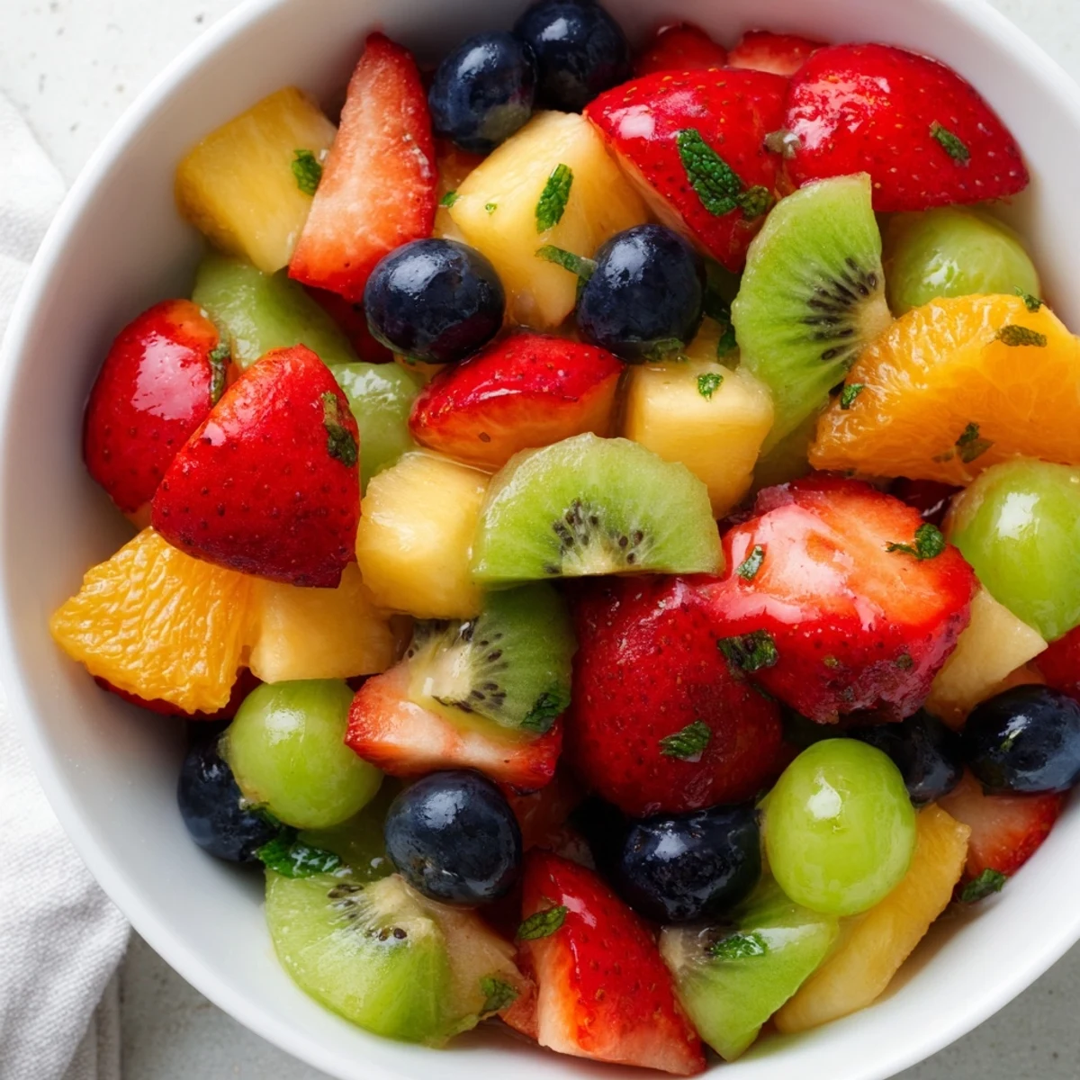 Bright seasonal fruit bowl featuring kiwi, grapes, and citrus segments ready to serve