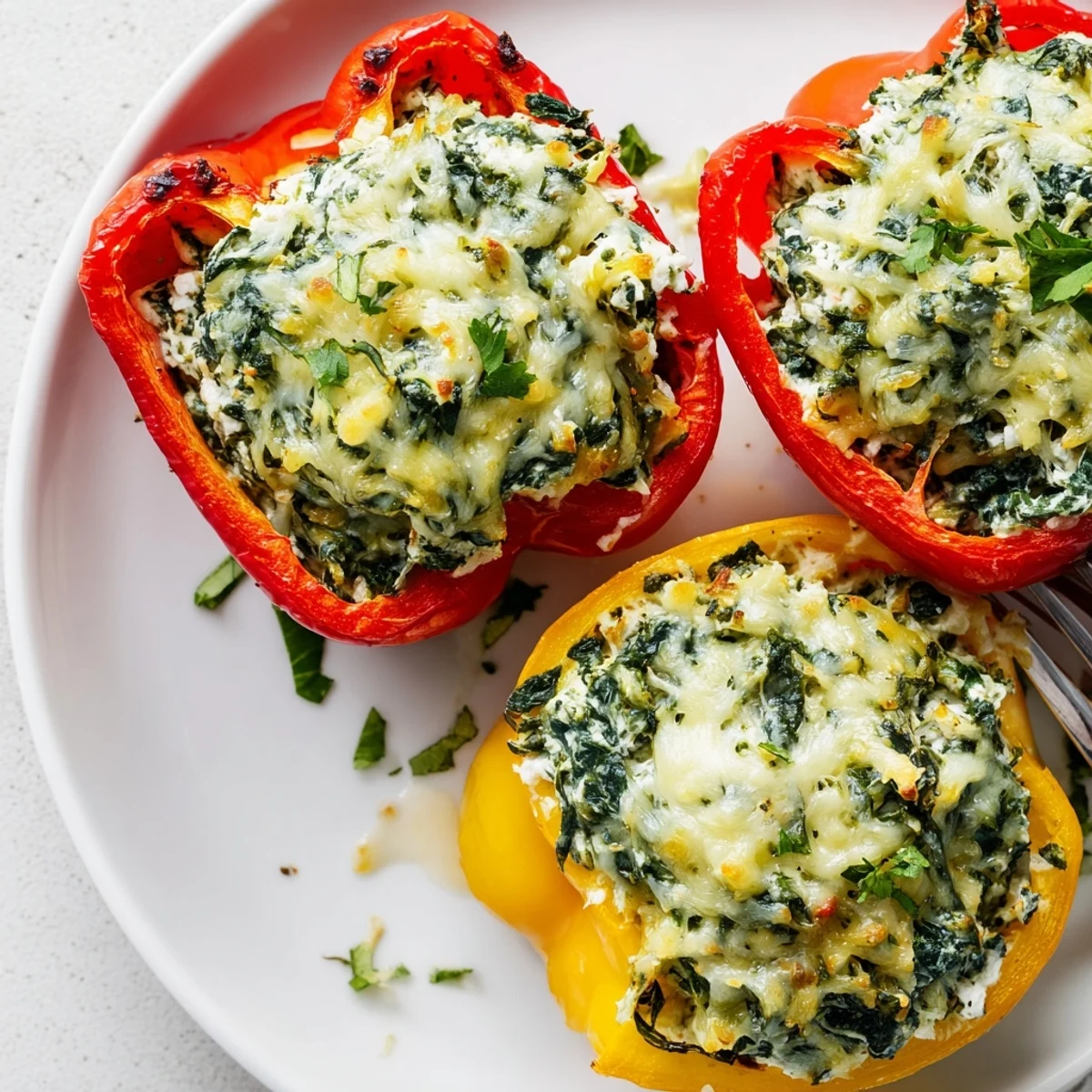 Golden baked ricotta stuffed peppers with bubbly mozzarella on a rustic dish