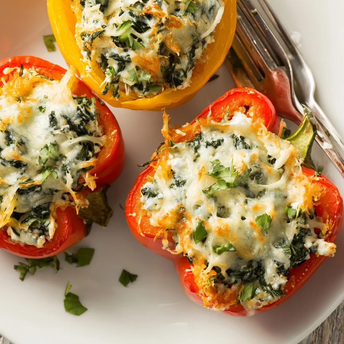 Roasted bell peppers filled with creamy herbed ricotta and wilted spinach