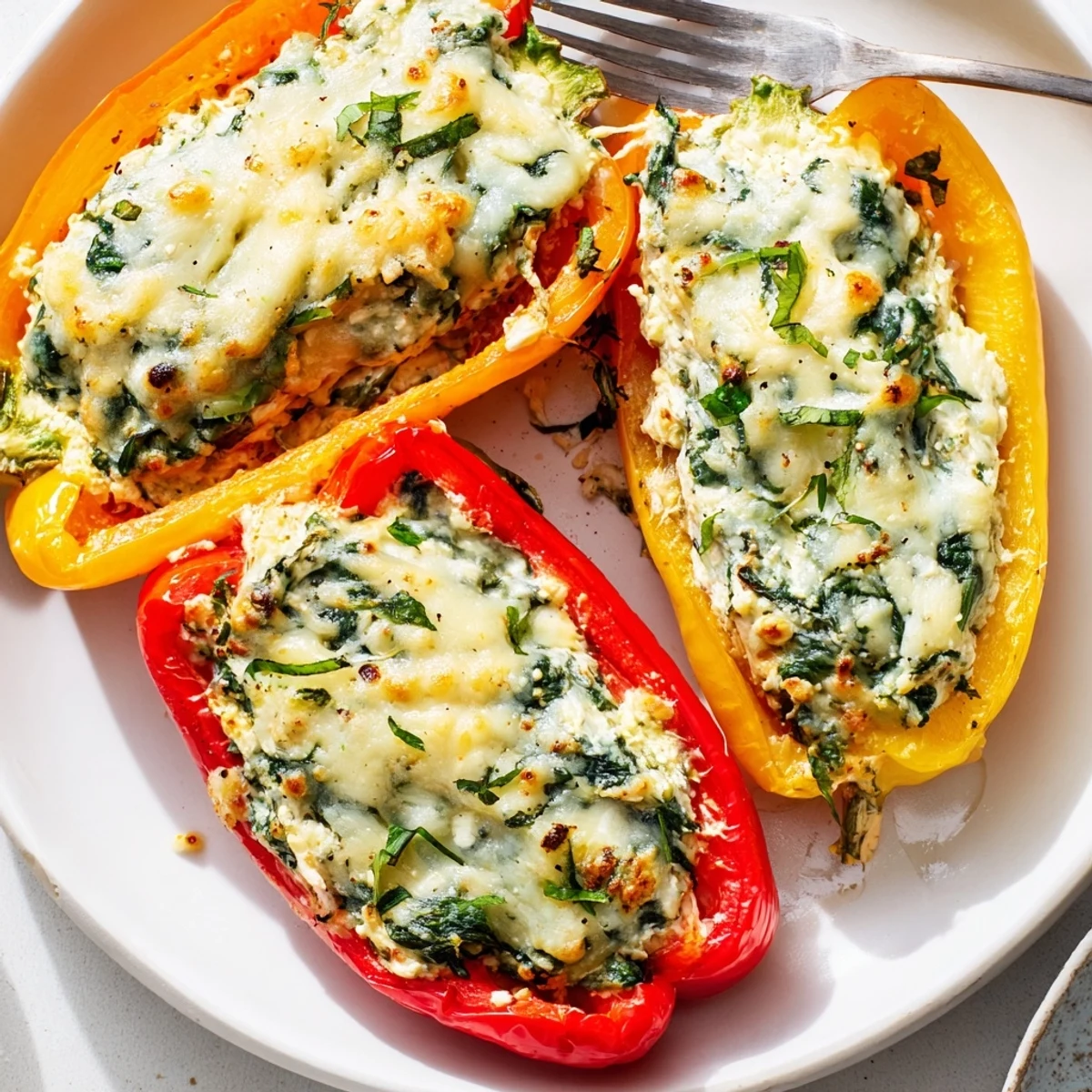 Vibrant ricotta stuffed peppers topped with melted cheese and fresh basil