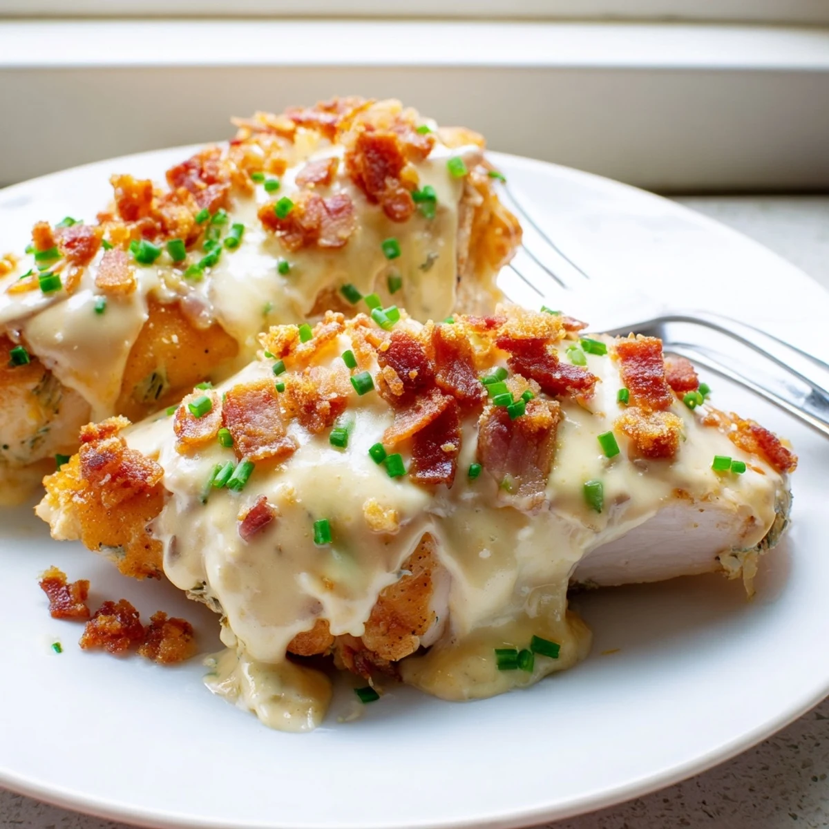 Creamy baked crack chicken topped with ranch-seasoned bacon in a cast iron skillet