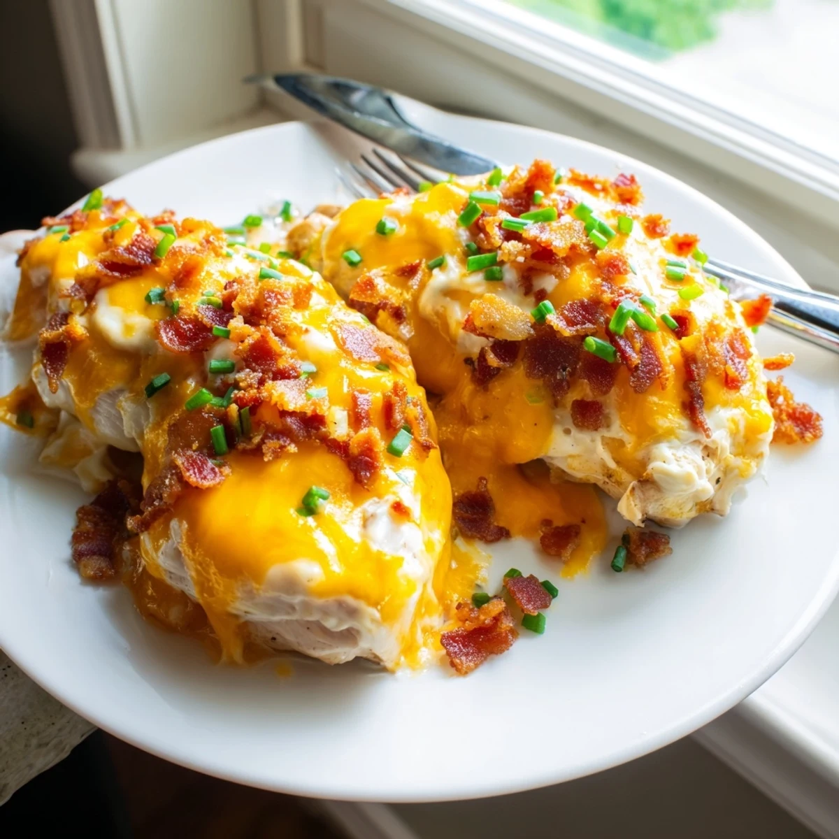 Golden bubbling baked crack chicken with crispy bacon and melted cheddar cheese