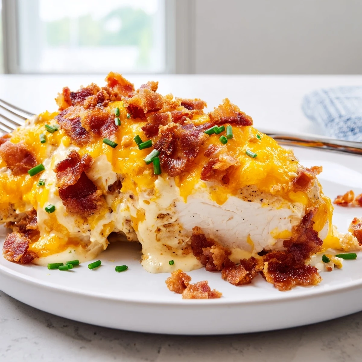 Baked crack chicken smothered in gooey cream cheese sauce and sprinkled with chives