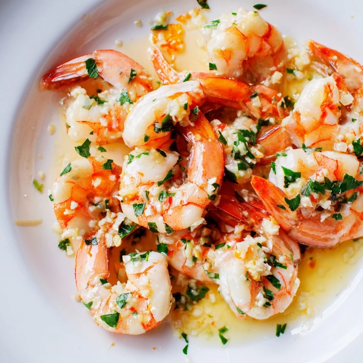 Golden buttered shrimp glistening in garlicky sauce with fresh parsley and lemon wedges