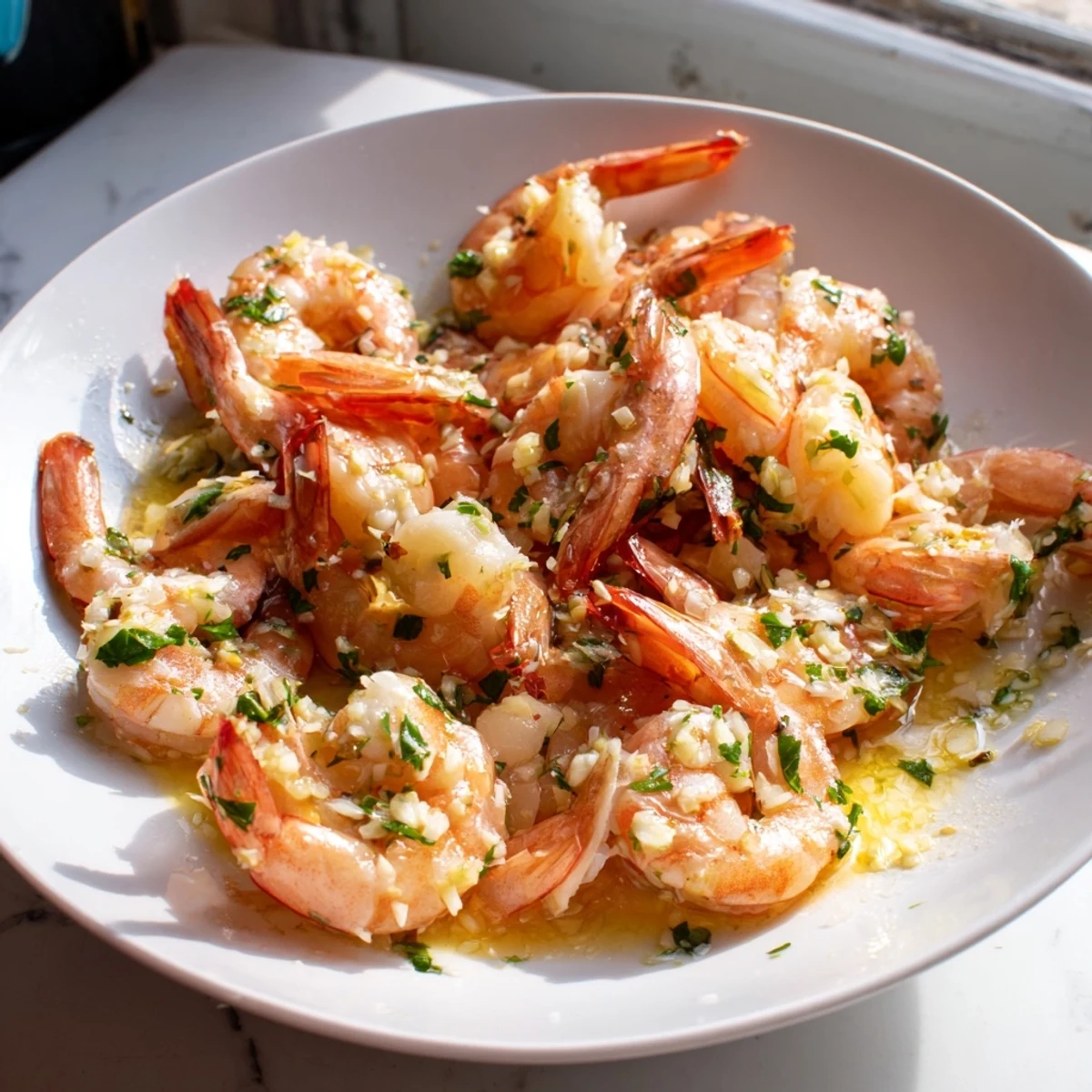 Plump buttered shrimp nestled in a creamy garlic butter sauce ready to serve