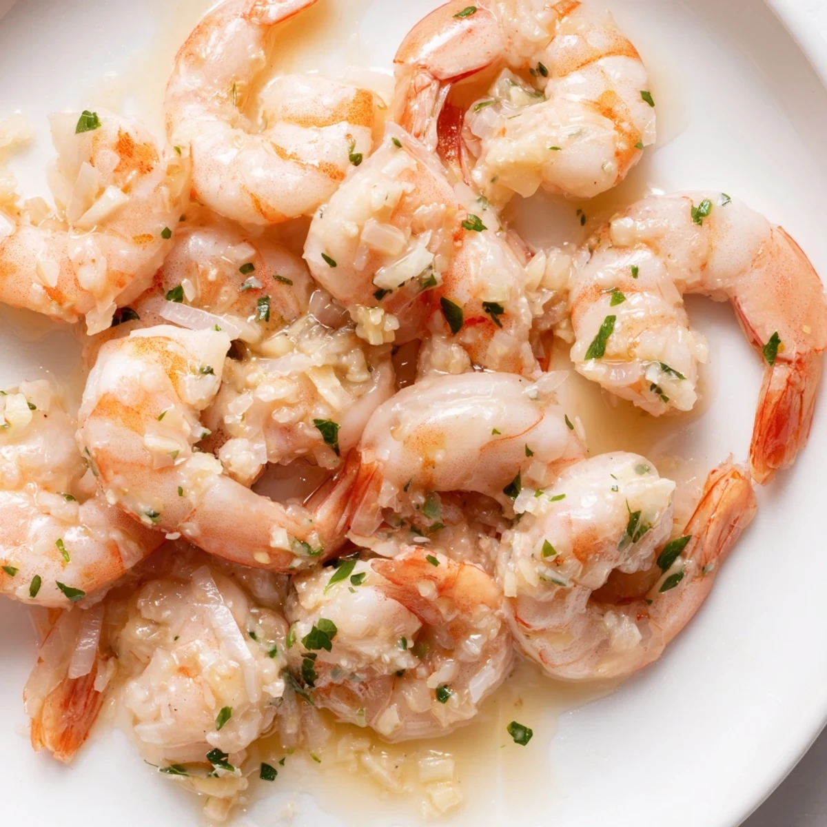 Sizzling skillet of buttered shrimp coated in rich lemon garlic butter sauce