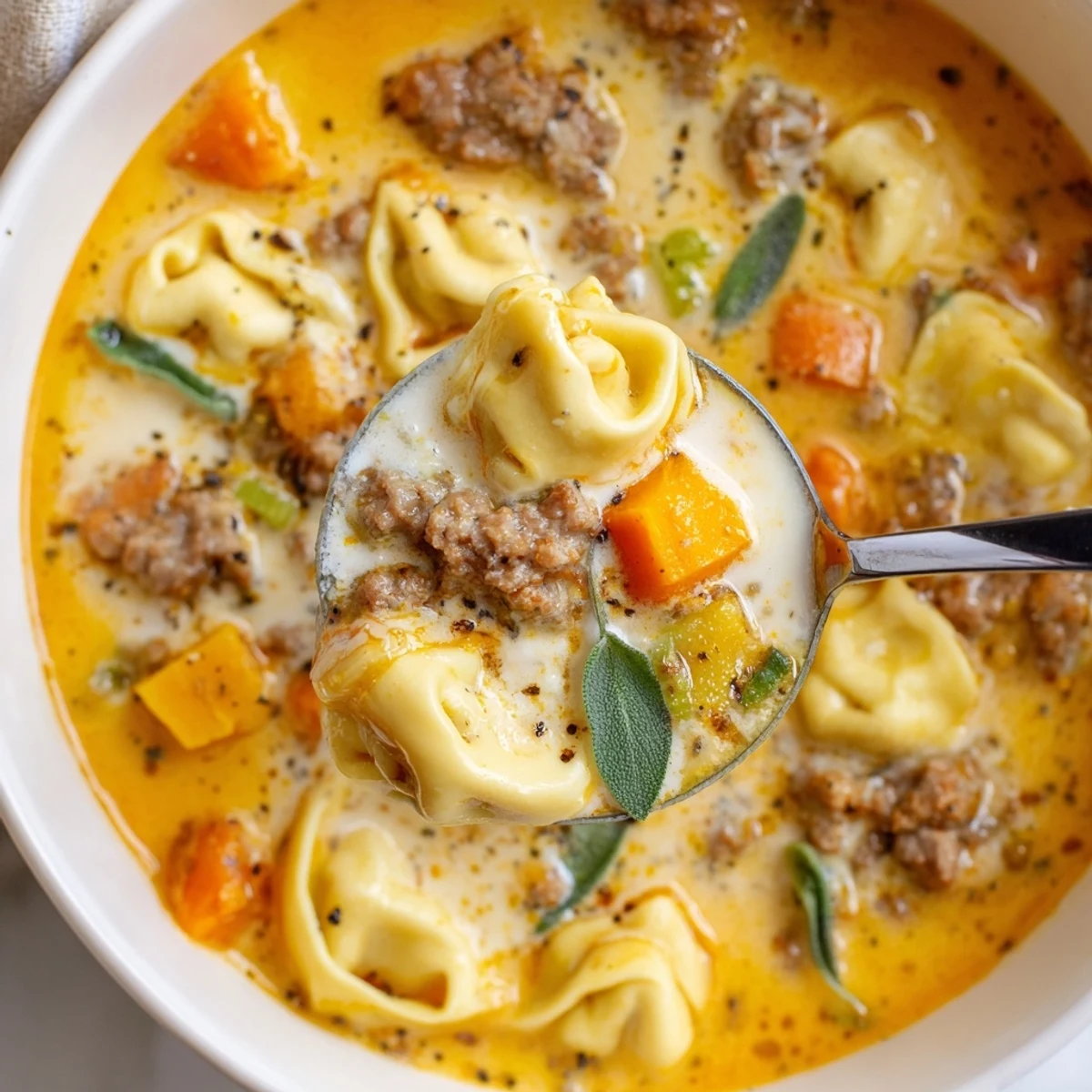 Creamy butternut squash sausage tortellini soup served in a rustic bowl with sage cheese swirl on top