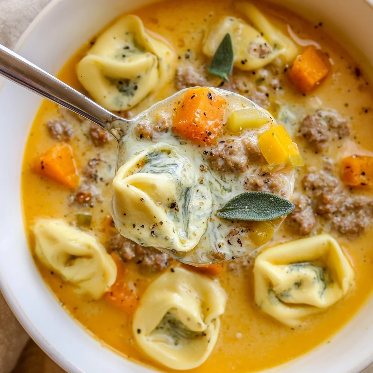 Steaming bowl of butternut squash sausage tortellini soup with pillowy pasta and a creamy sage garnish