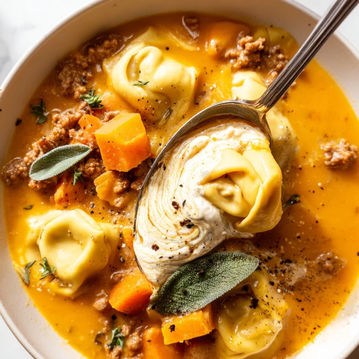 Golden butternut squash sausage tortellini soup topped with a velvety sage cheese swirl and fresh herbs
