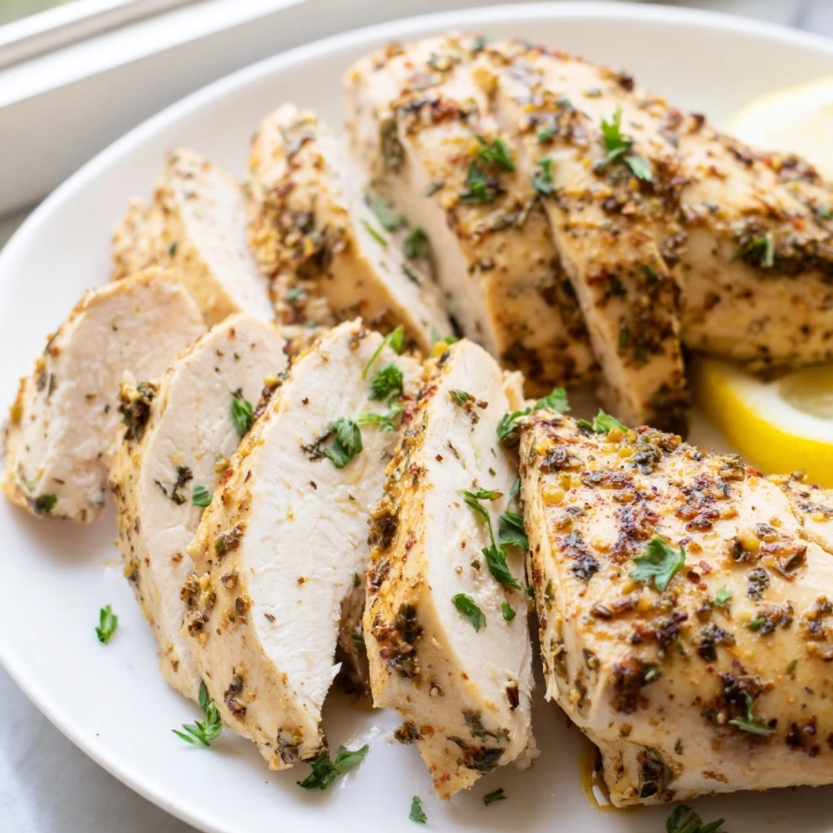 Juicy sliced oven baked chicken breasts garnished with fresh parsley and lemon wedges