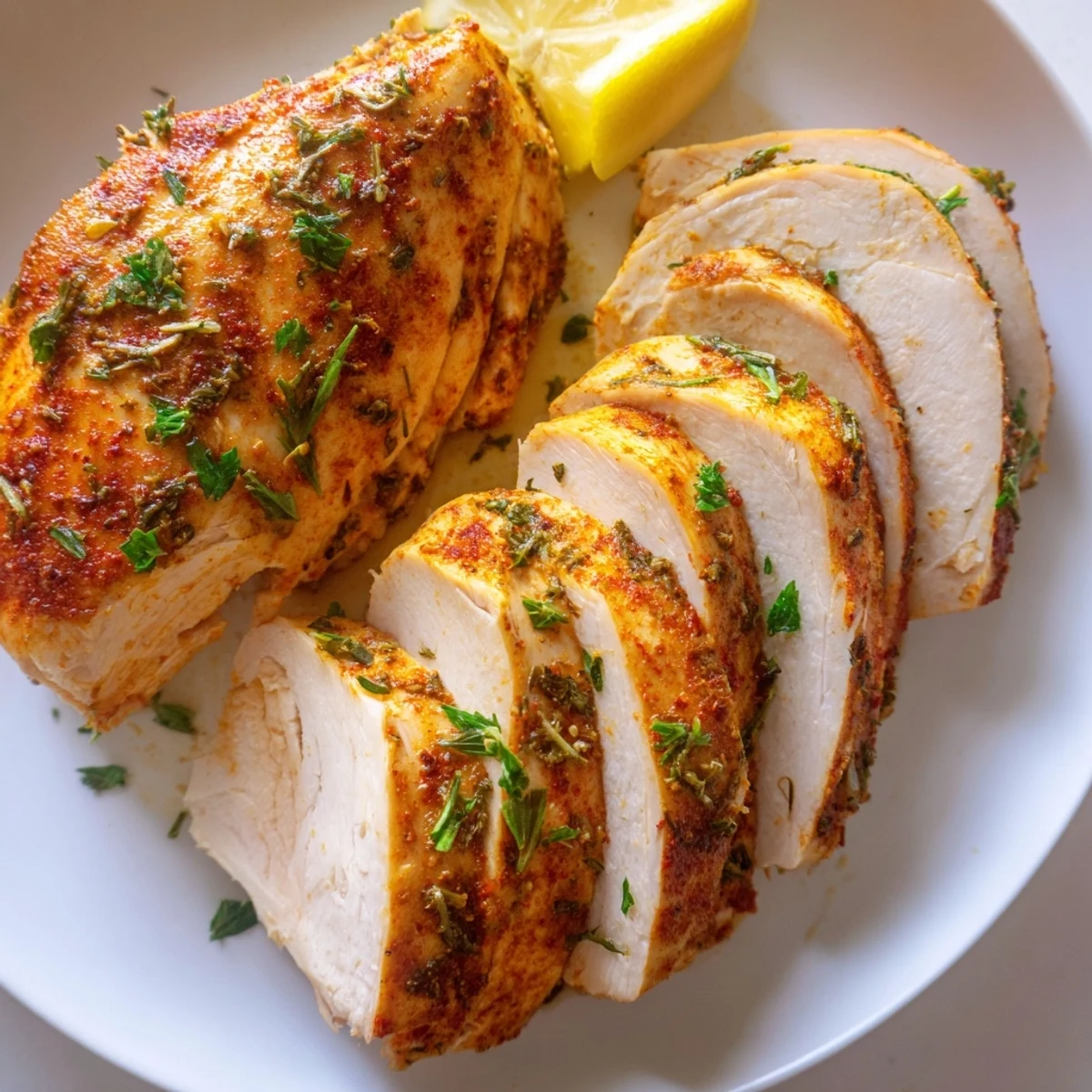 Golden oven baked chicken breasts with herb seasoning on a rustic baking sheet