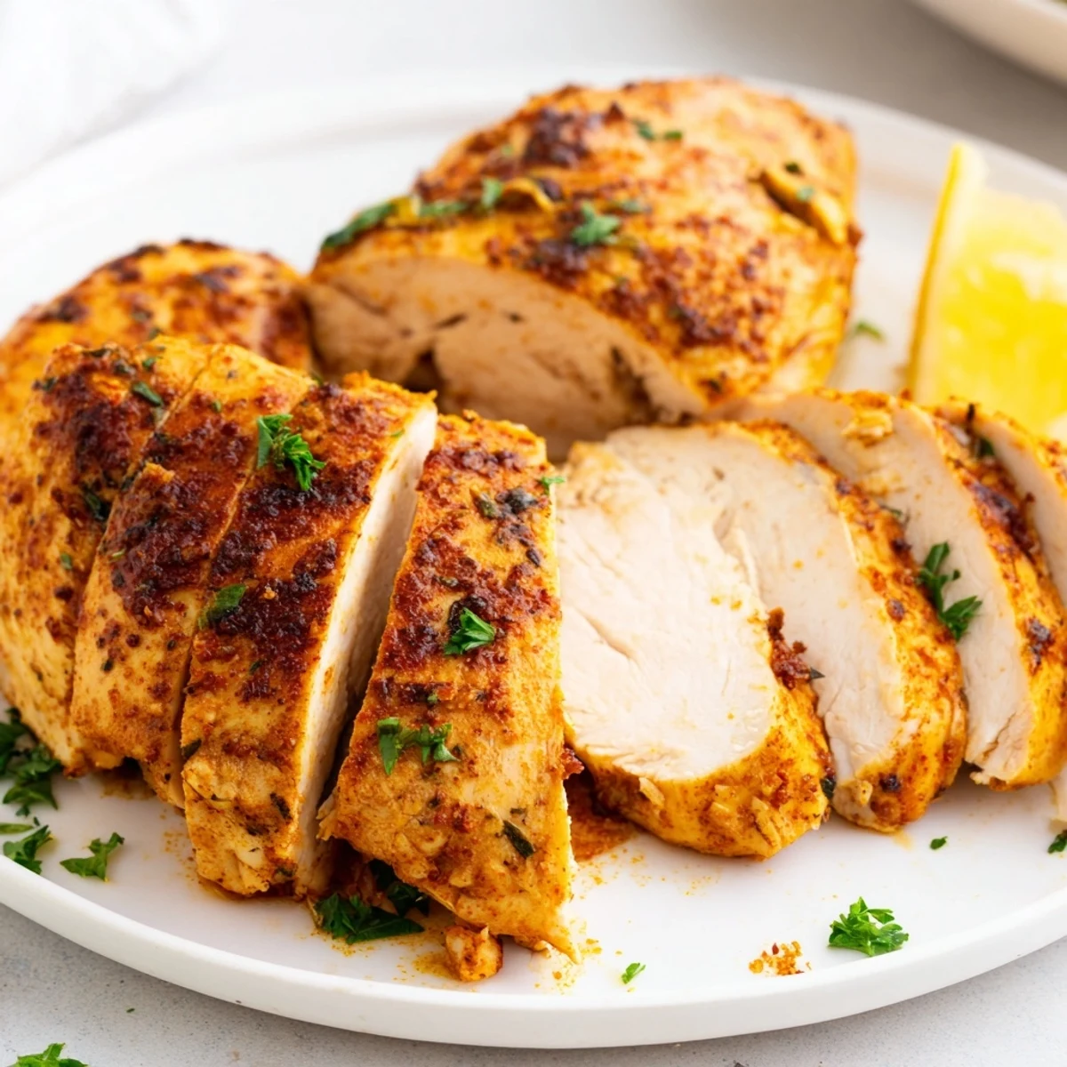 Perfectly cooked oven baked chicken breasts with paprika and Italian herbs served steaming hot