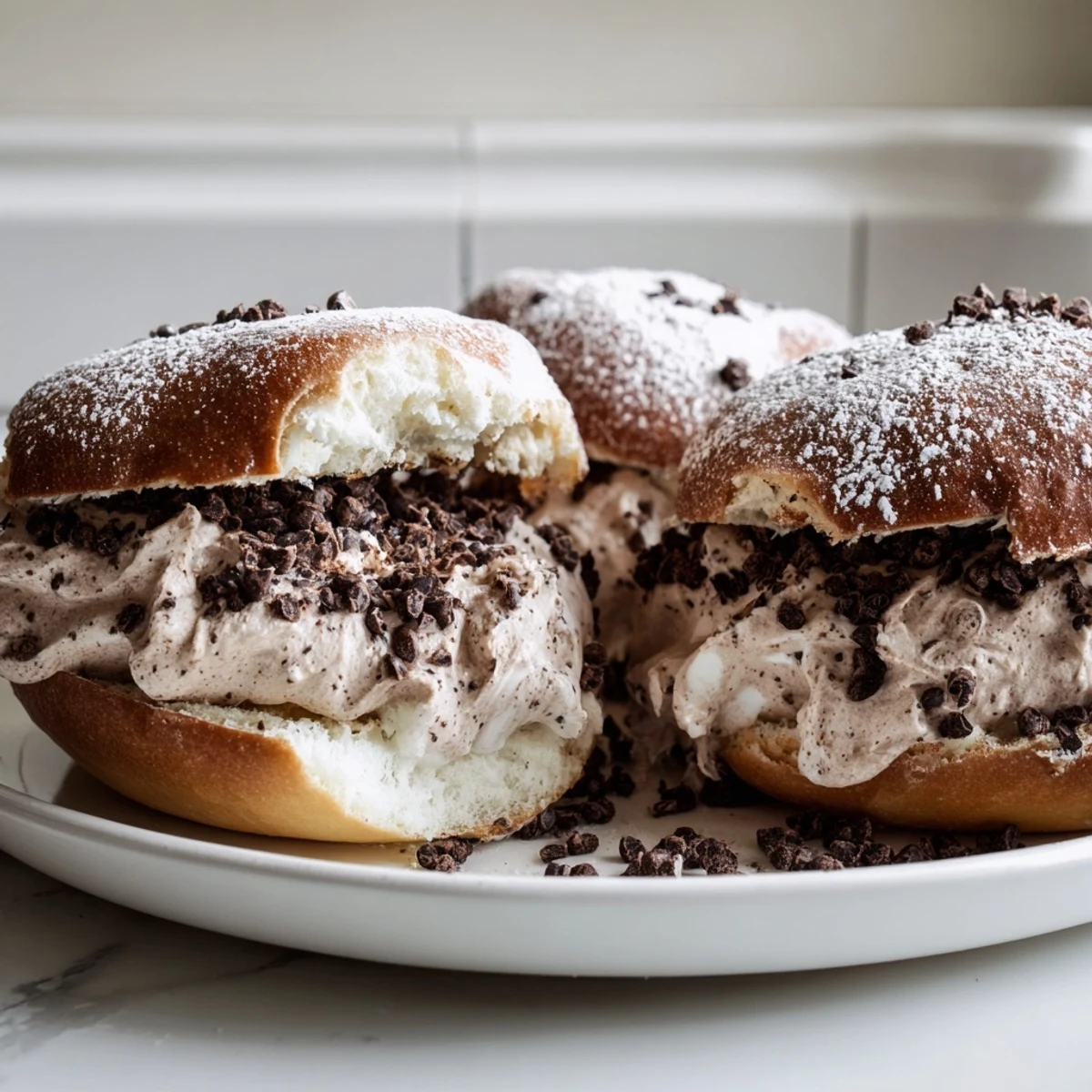 Soft Italian Chocolate Maritozzi buns split open revealing fluffy chocolate whipped cream filling