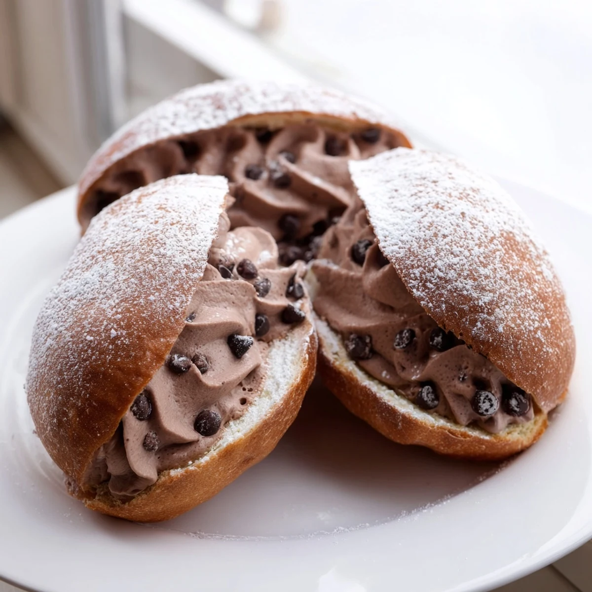 Golden-brown Italian Chocolate Maritozzi arranged on a parchment-lined tray dusted with powdered sugar