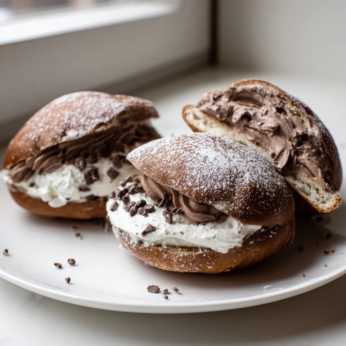Handheld Italian Chocolate Maritozzi oozing with rich dark chocolate cream on a rustic plate