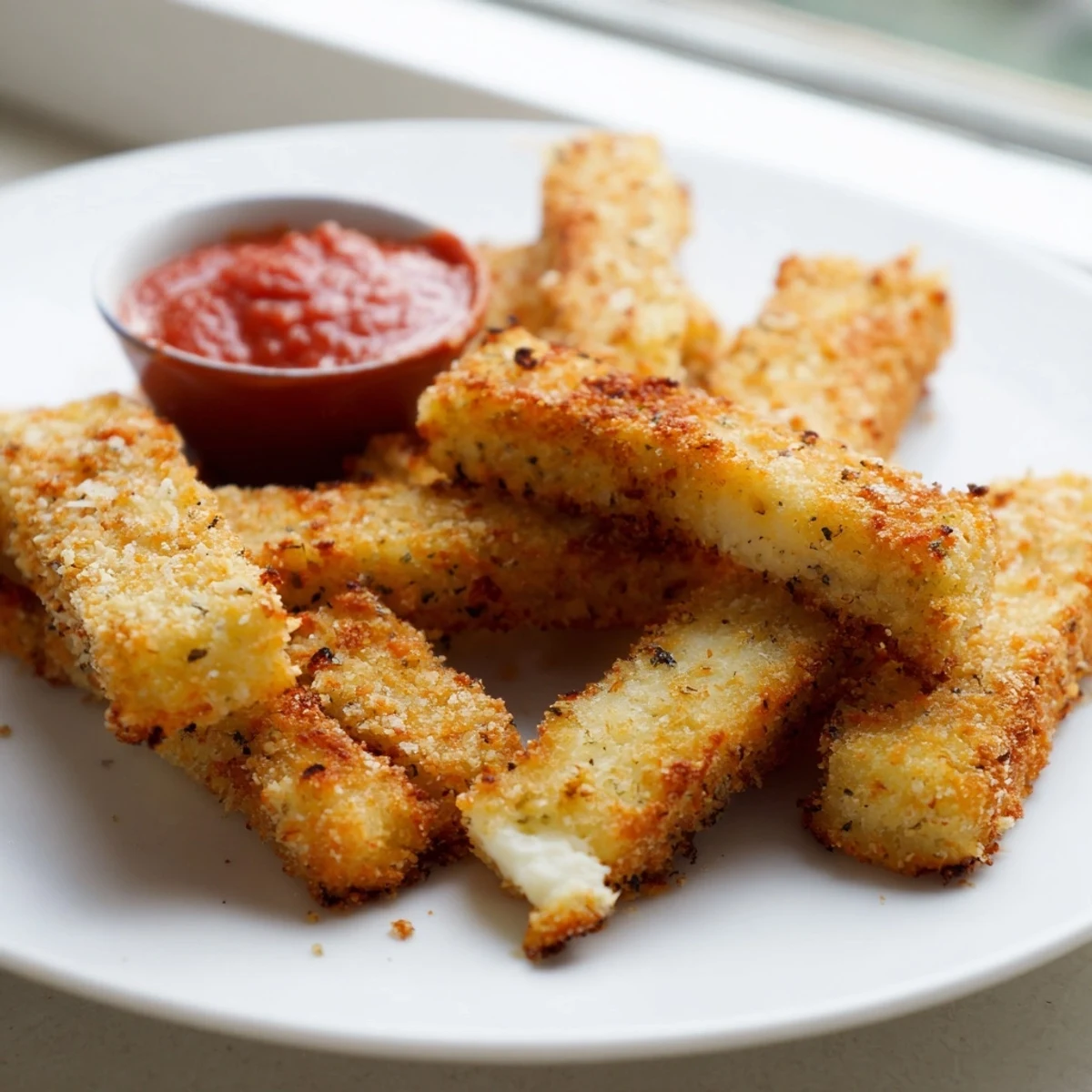 Golden baked cottage cheese fries arranged on parchment with a side of marinara dipping sauce