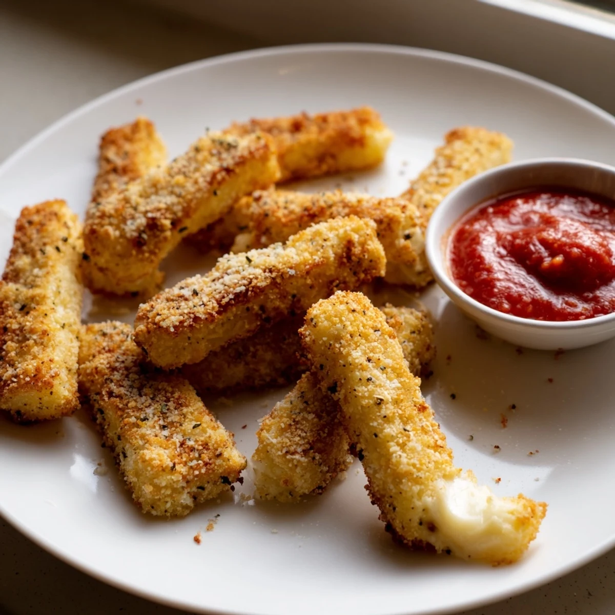 Creamy baked cottage cheese fries cut into sticks alongside a cool Greek yogurt ranch dip