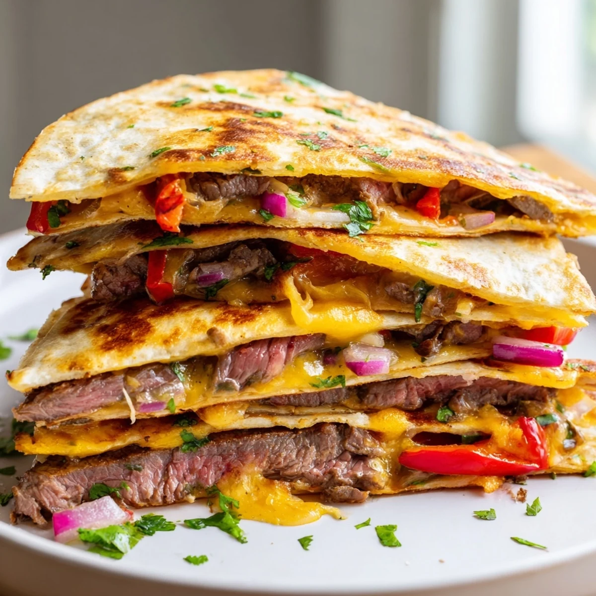Crispy golden steak quesadillas oozing with melted cheese and colorful peppers on a rustic plate