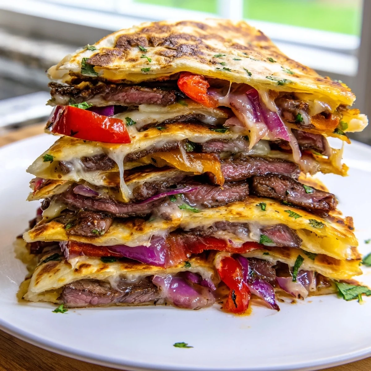 Sizzling steak quesadillas with smoky vegetables and gooey cheese served hot off the skillet