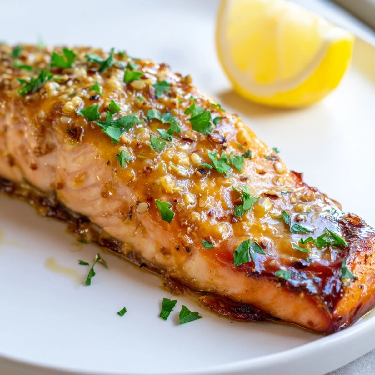 Golden baked honey mustard salmon glazed and garnished with fresh parsley on a baking sheet