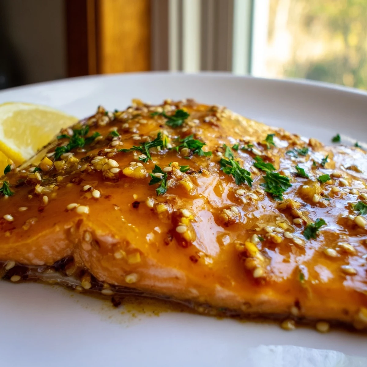 Juicy baked honey mustard salmon fillet dripping with sweet tangy glaze beside lemon wedges