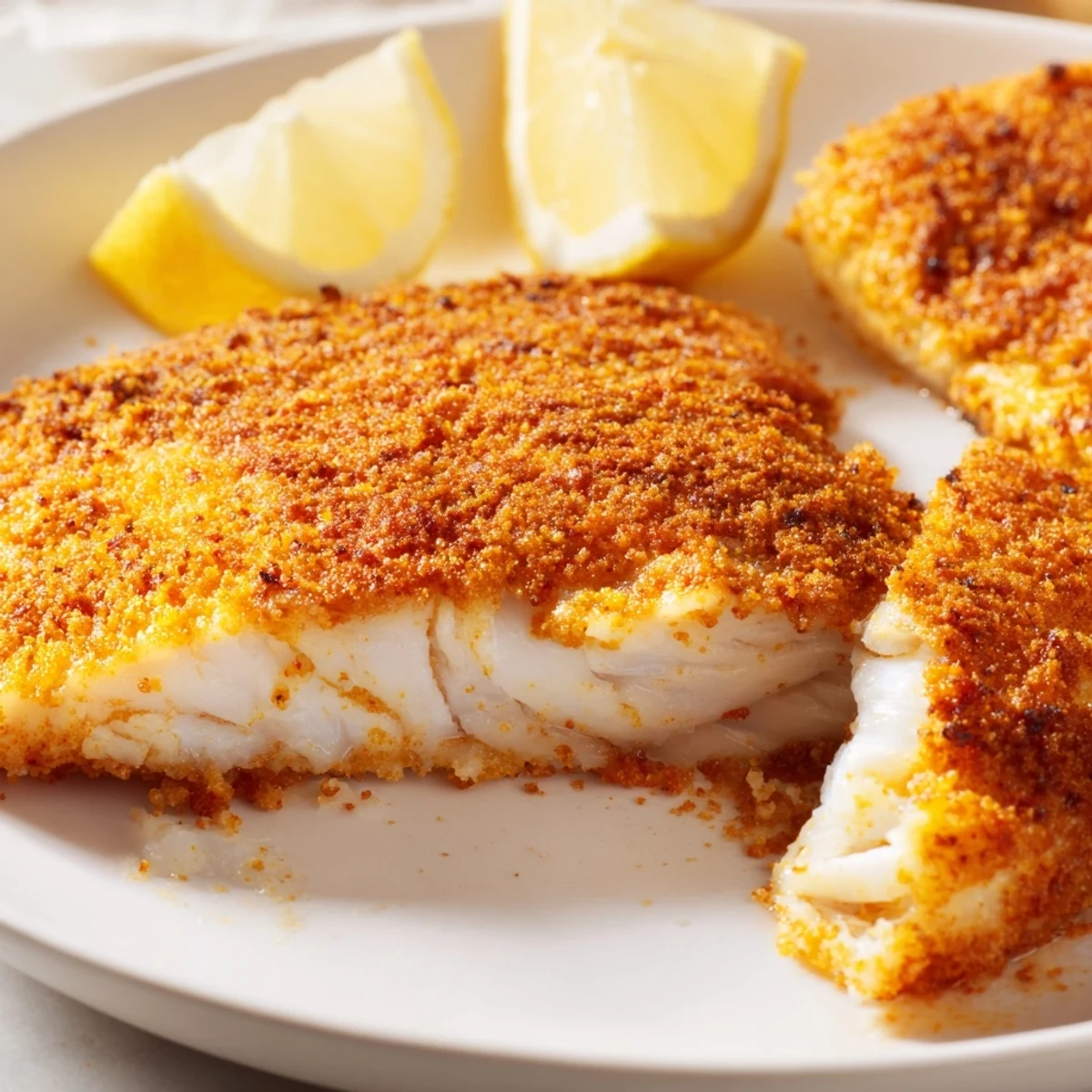 Crispy golden pan fried tilapia fillets on a plate with lemon wedges