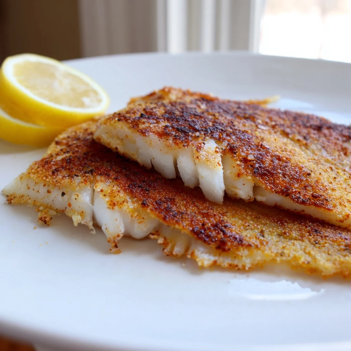 Perfectly browned pan fried tilapia flakes tenderly beneath a bright citrus squeeze
