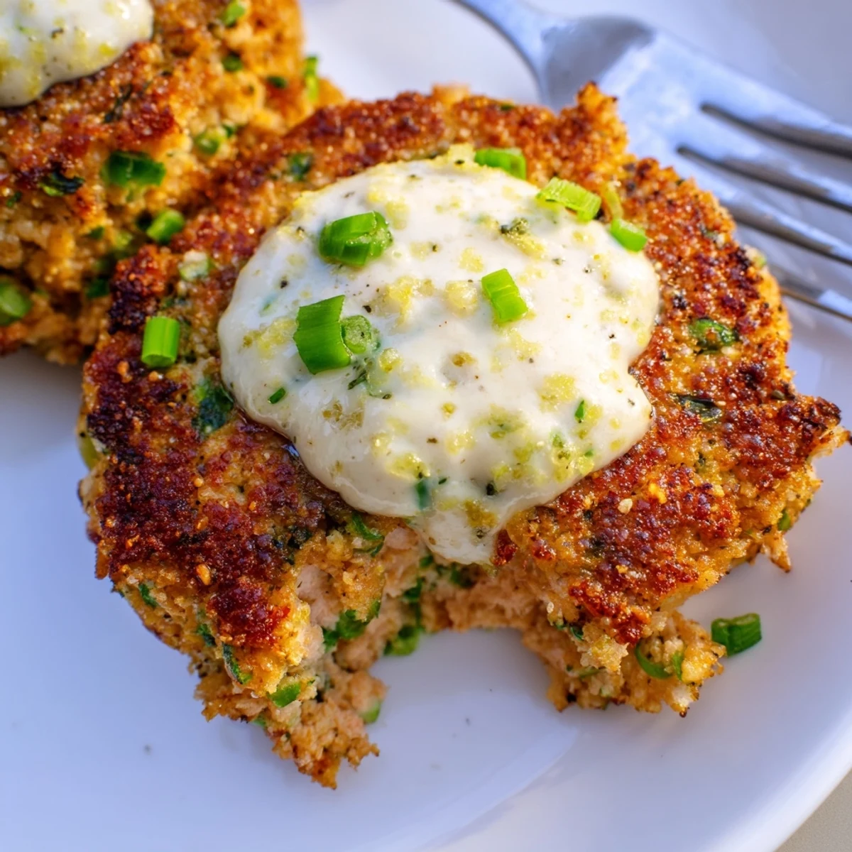 Golden lemon garlic Alaska salmon cakes with creamy aioli on a rustic plate