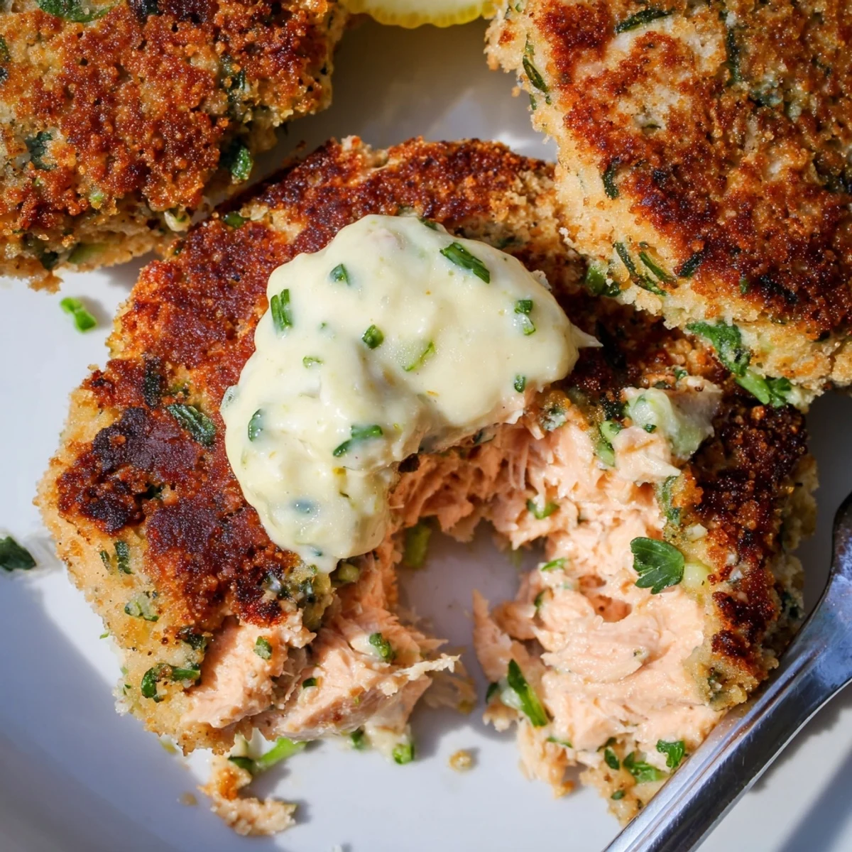 Pan-fried lemon garlic Alaska salmon cakes served with a dollop of zesty aioli