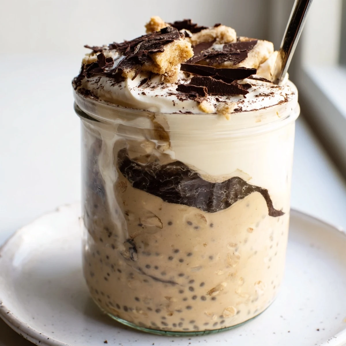 Tiramisu overnight oats layered with mascarpone and dusted with cocoa powder