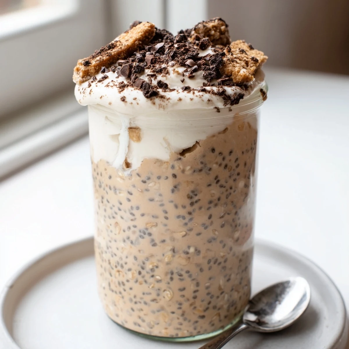 Creamy tiramisu overnight oats topped with dark chocolate shavings in a jar