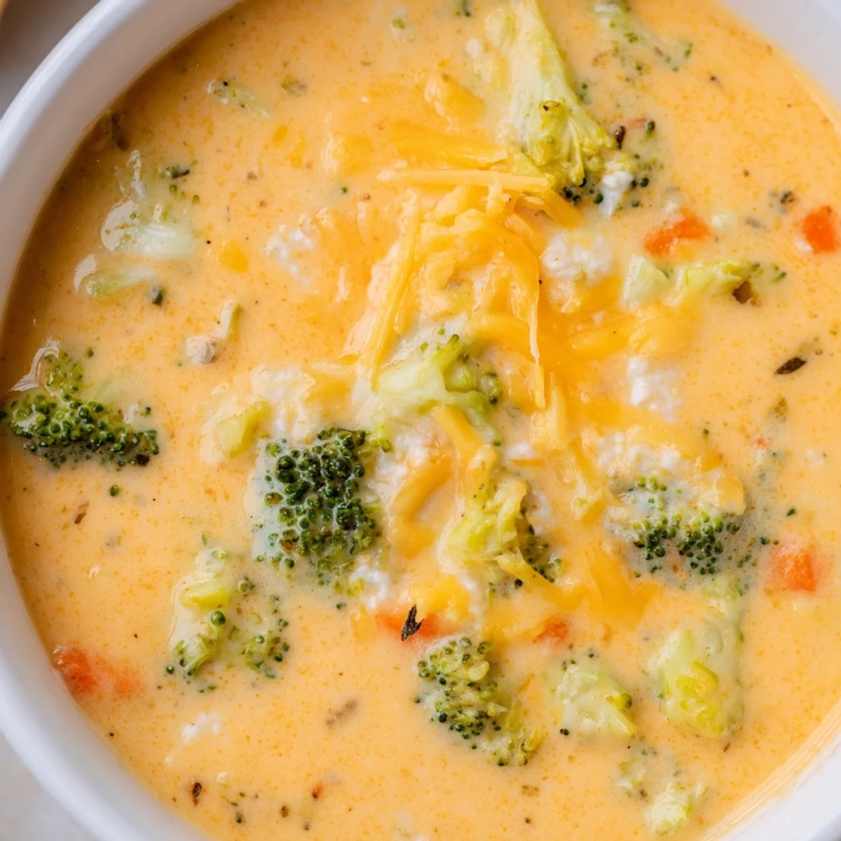 Creamy slow cooker broccoli cheese soup ladled into a rustic bowl with crusty bread