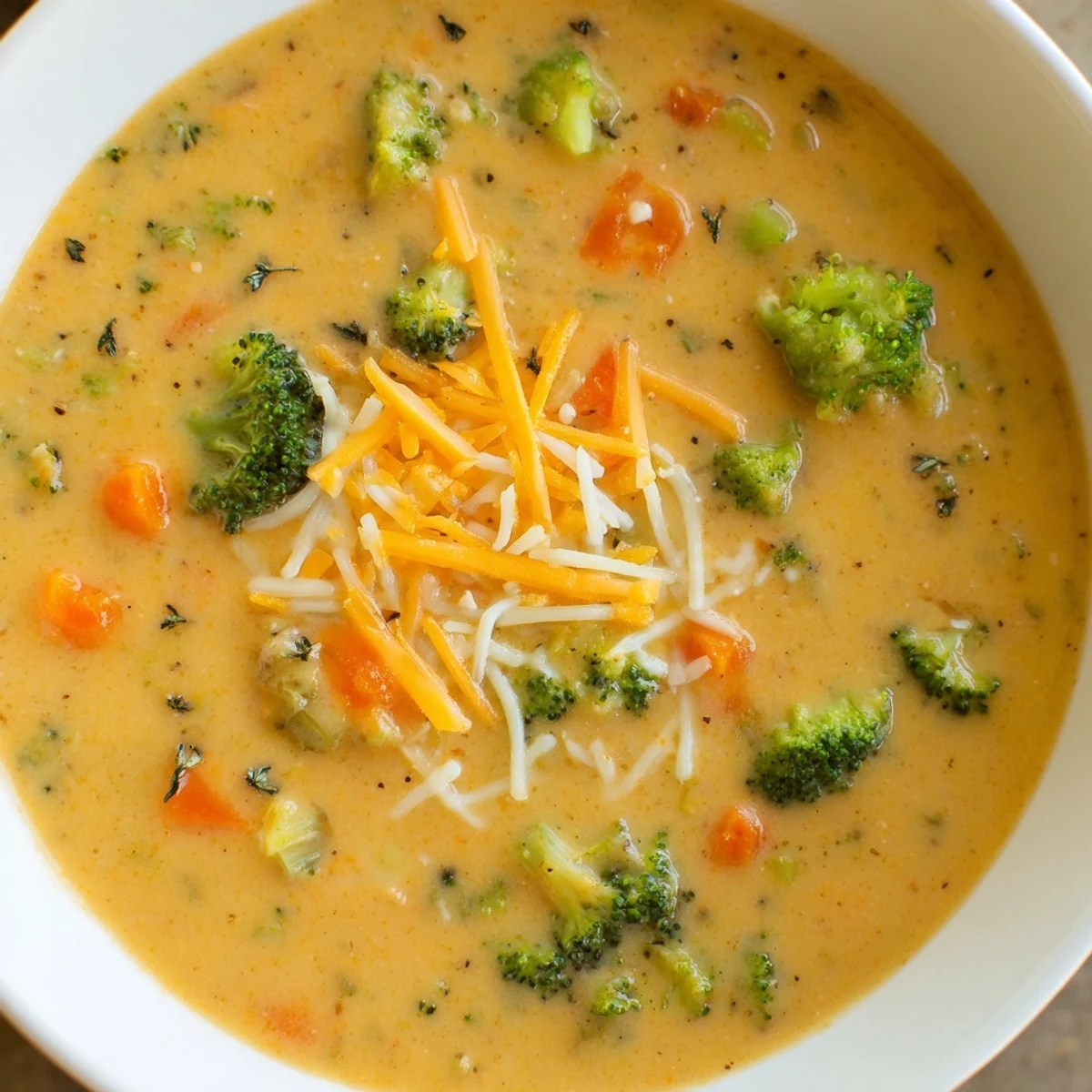 Steaming bowl of slow cooker broccoli cheese soup topped with melted cheddar shreds