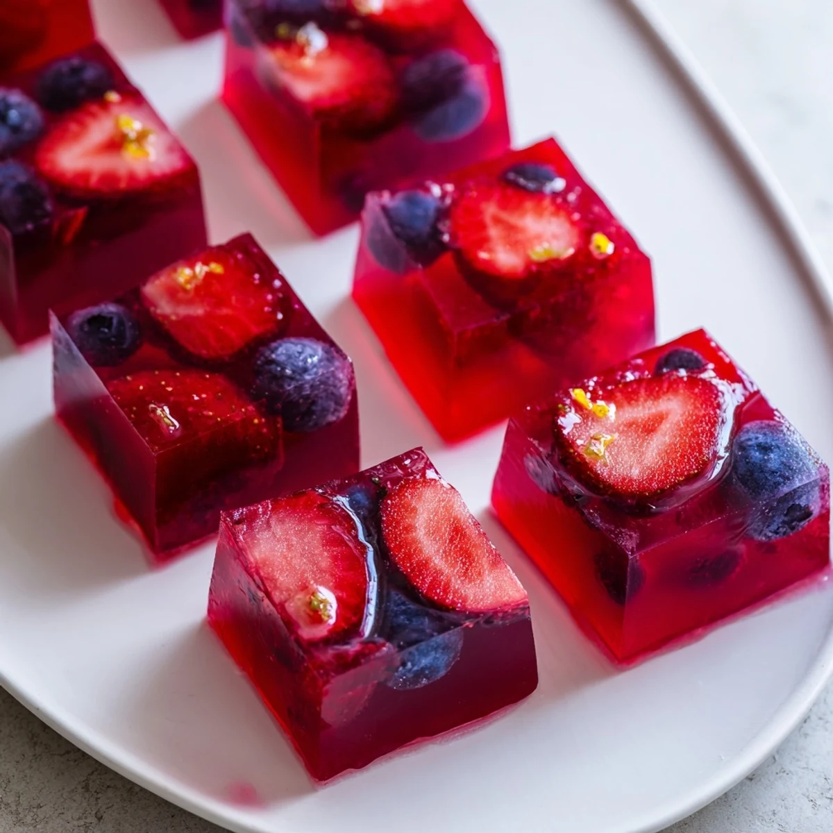 Glossy collagen fruit jellies in vibrant molds topped with fresh berry slices