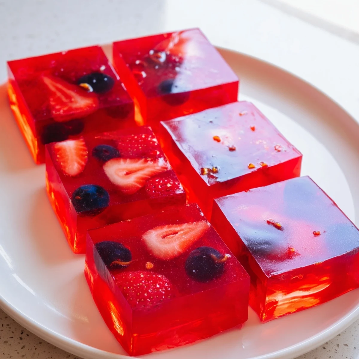 Sparkling homemade collagen fruit jellies with jewel-toned colors on a chilled dessert plate