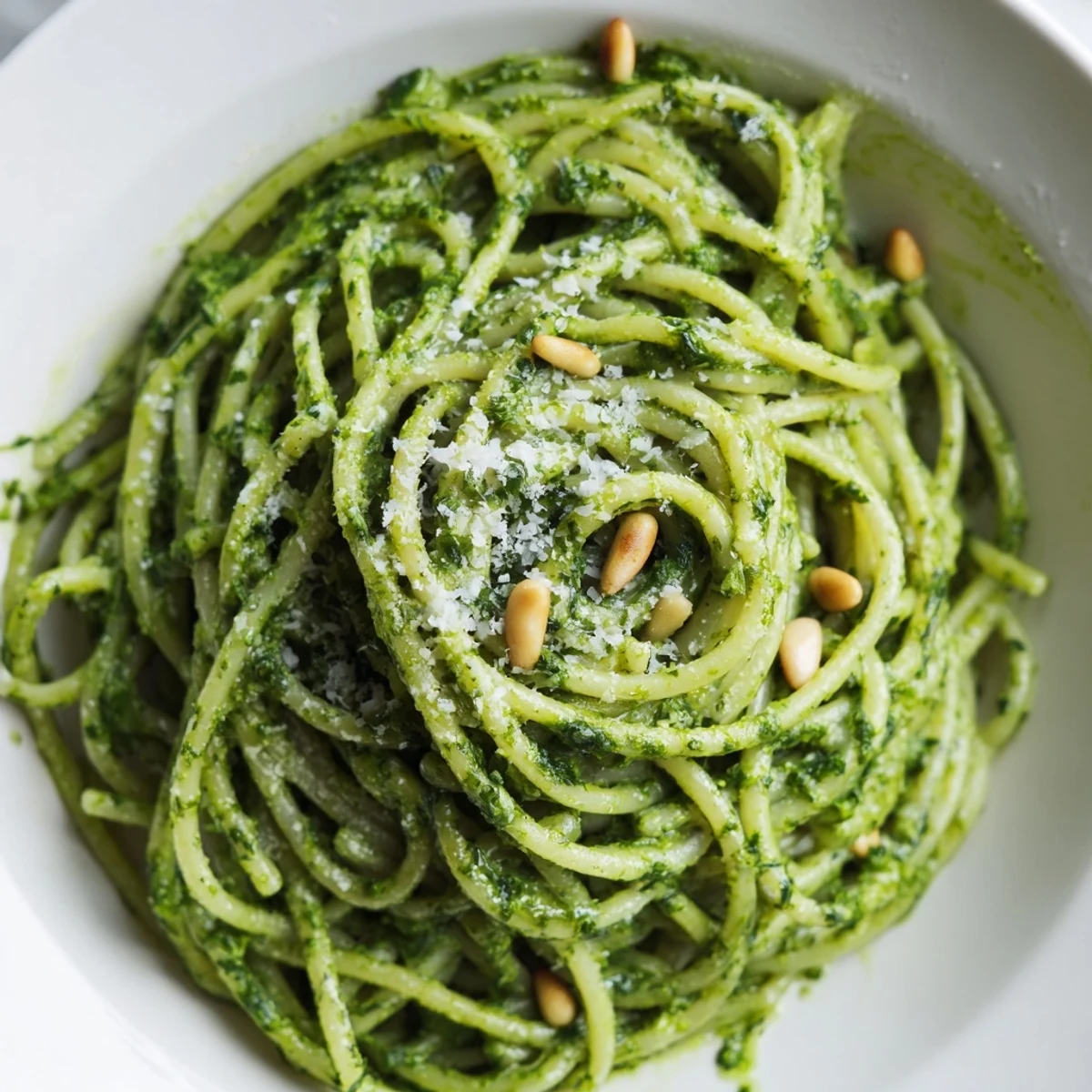 Wild garlic pesto pasta tossed with silky sauce and topped with Parmesan curls
