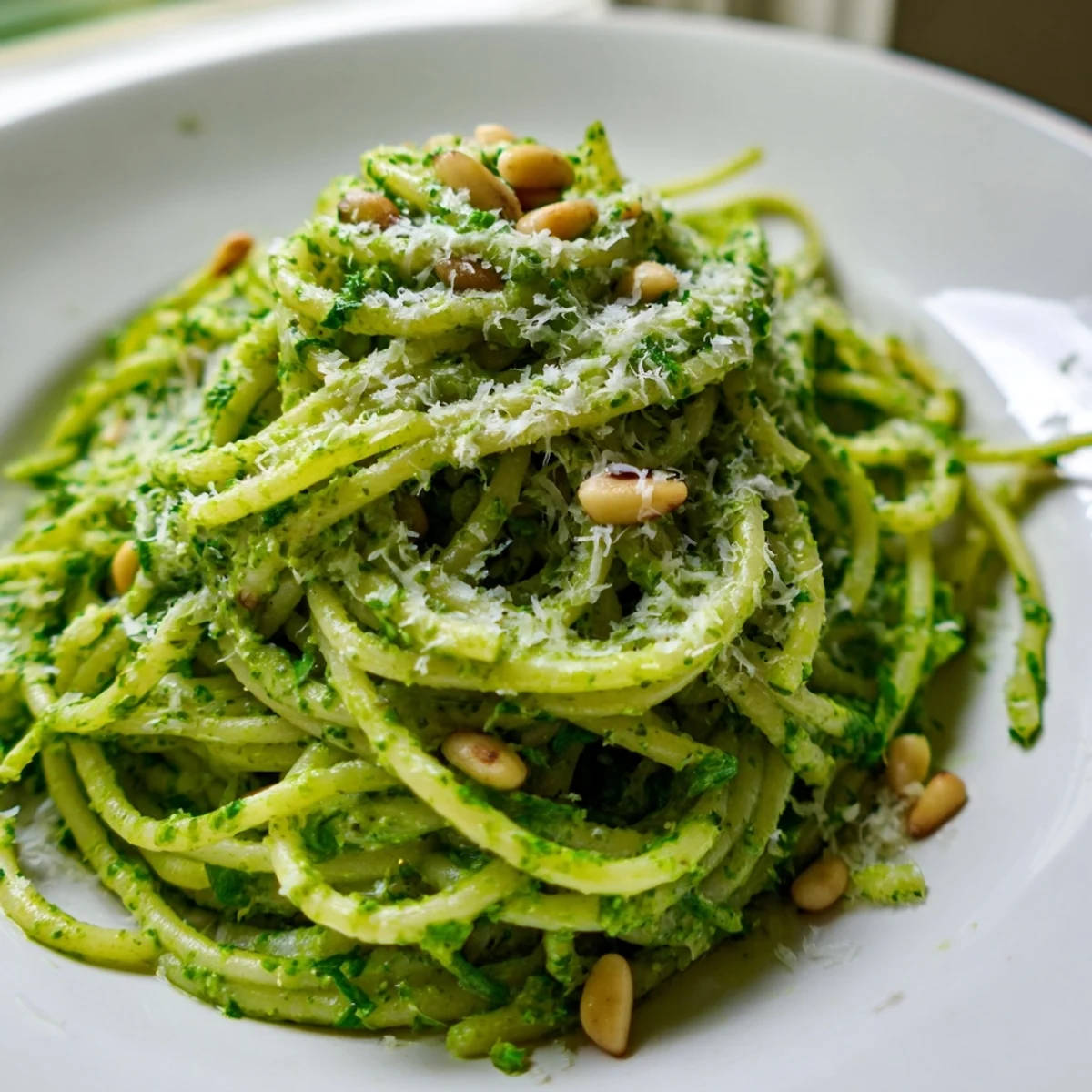 Twirls of wild garlic pesto pasta garnished with cracked pepper on a rustic plate