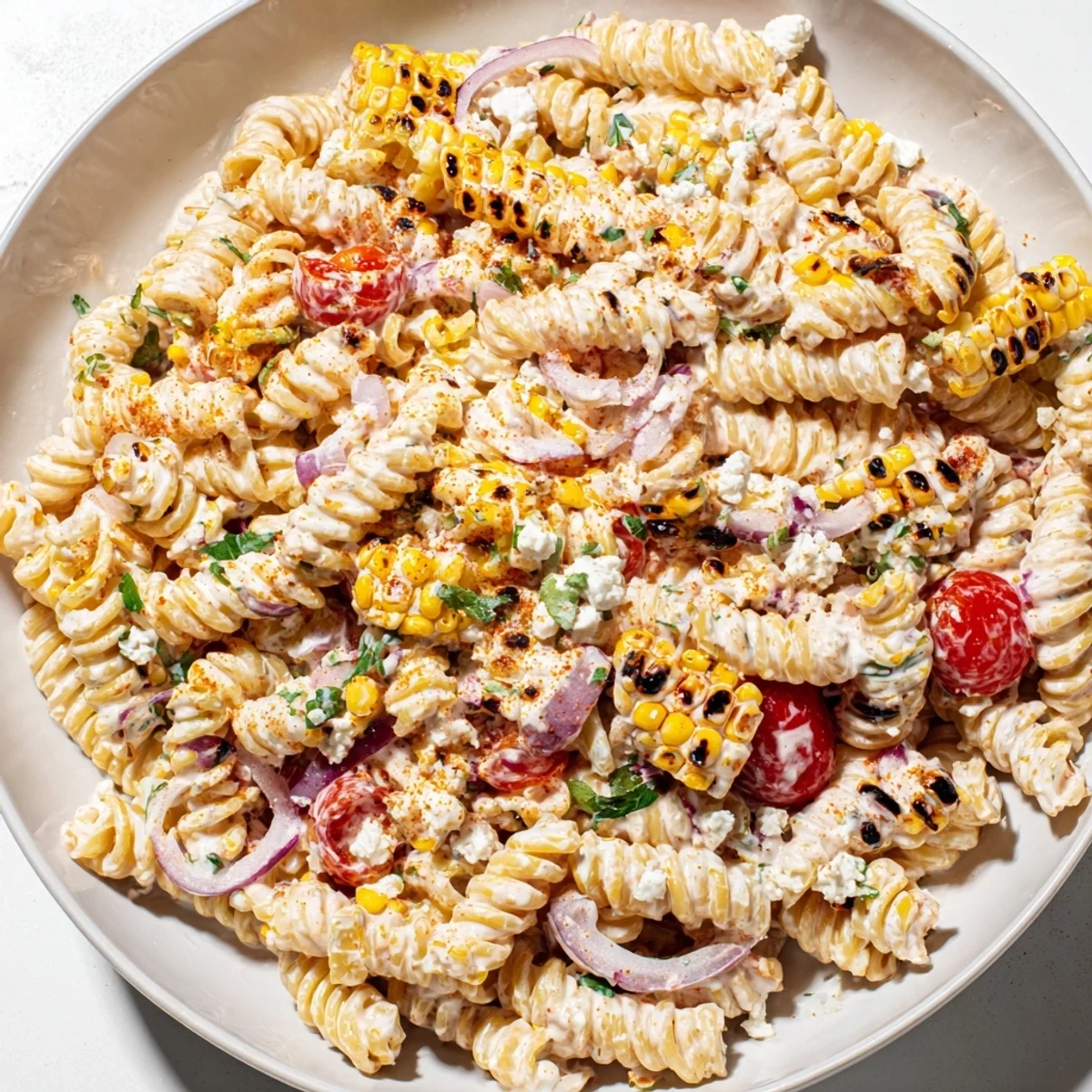 Creamy elote street corn pasta salad topped with crumbled cotija cheese and fresh cilantro