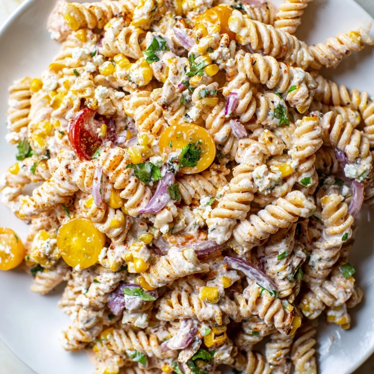 Smoky grilled corn and colorful vegetables tossed in a zesty elote street corn pasta salad