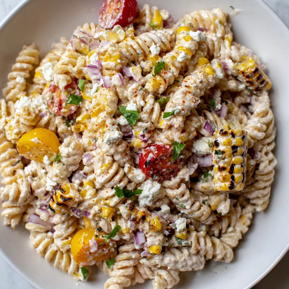 Vibrant elote street corn pasta salad served in a bowl with lime wedges alongside
