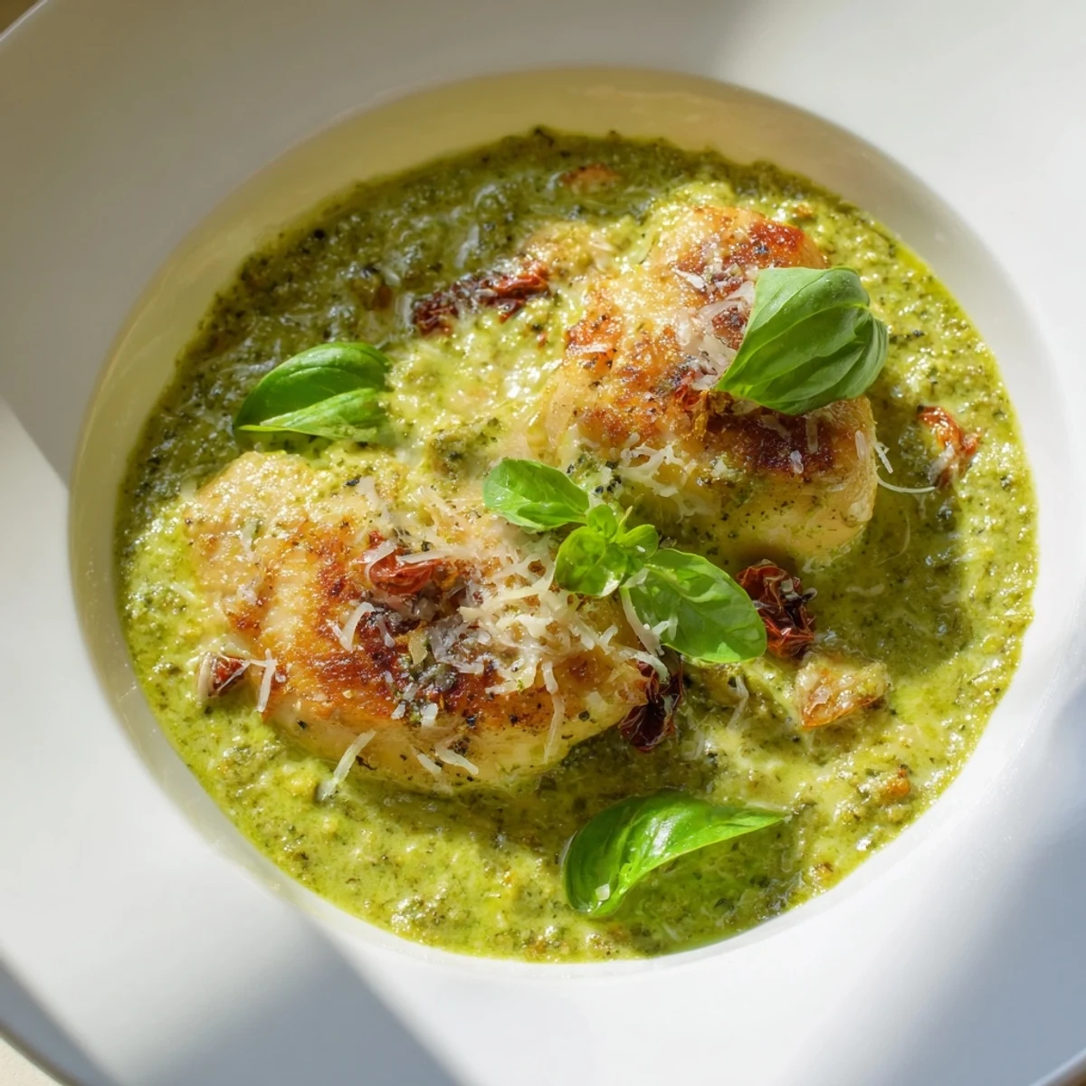 Juicy Marry Me Chicken Pesto in creamy golden sauce topped with fresh basil