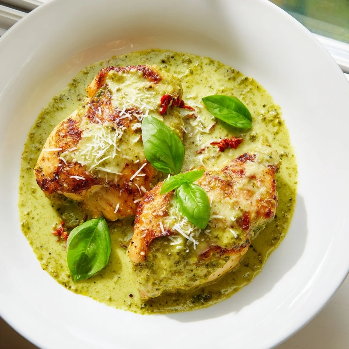 Creamy Marry Me Chicken Pesto skillet dinner garnished with torn basil and Parmesan