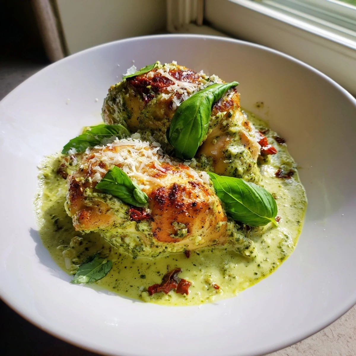 Golden seared Marry Me Chicken Pesto smothered in rich sun-dried tomato cream sauce