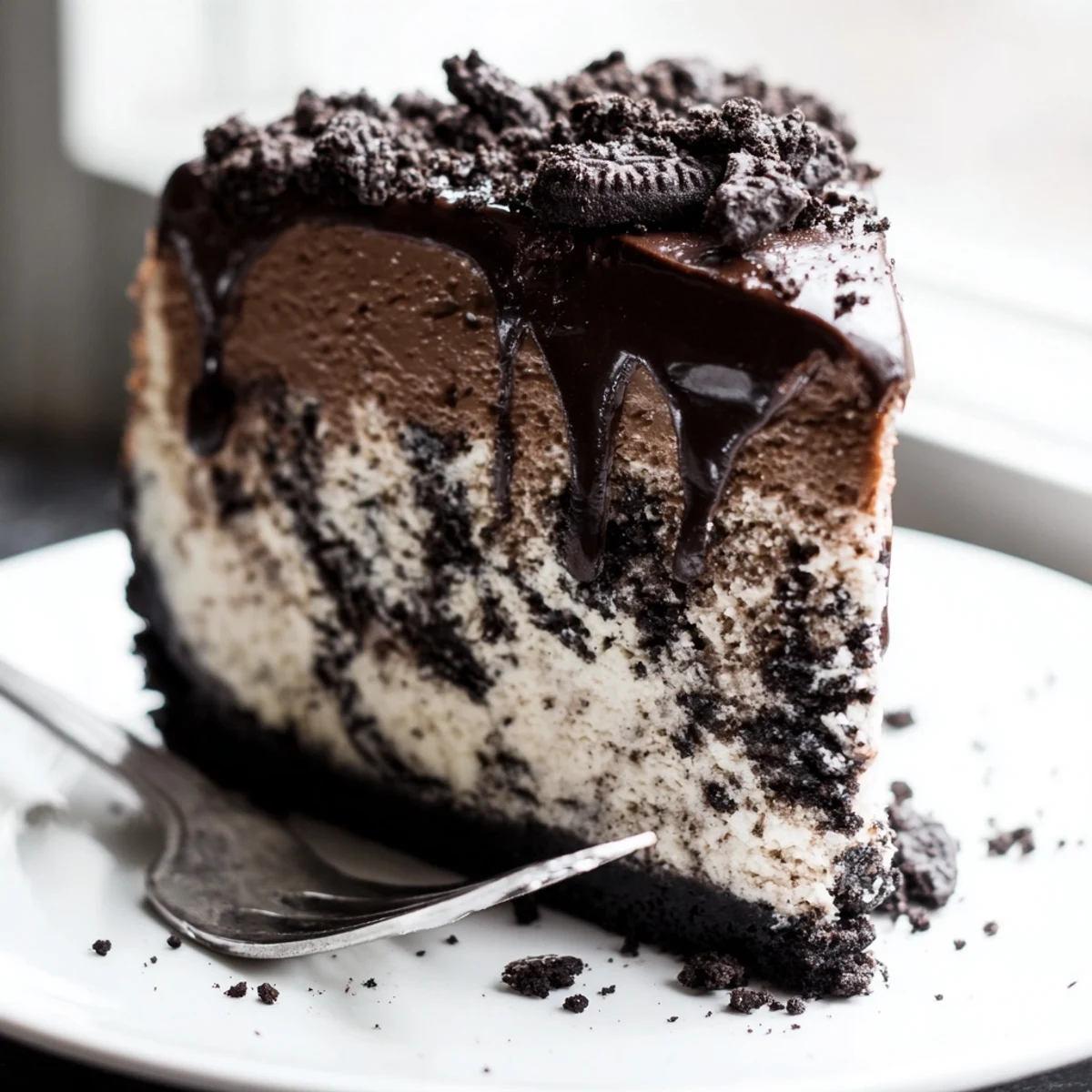 Creamy Oreo chocolate cheesecake slice drizzled with rich dark ganache on a plate